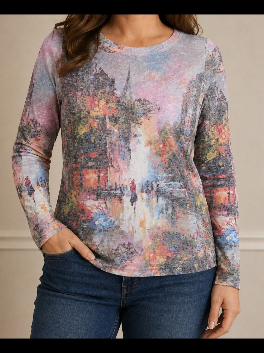 Clothesheas Women's Large Long-Sleeve Cityscape Art Print Top